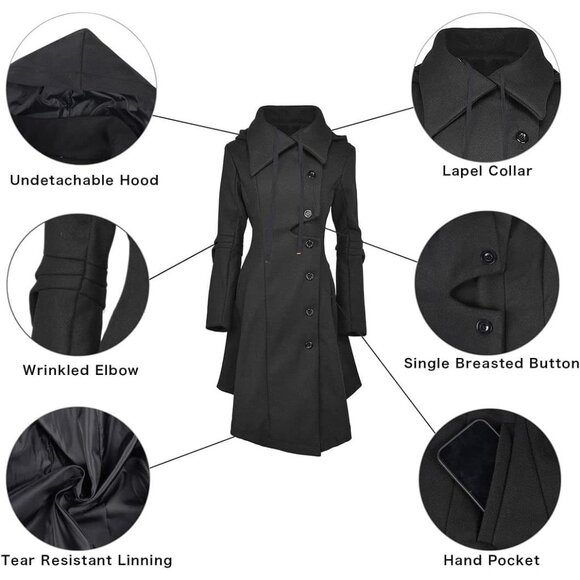 Women Black Trench Coat Goth Lapel Peacoat Wool Winter Thick Hood Pea Jacket - Picture 5 of 7
